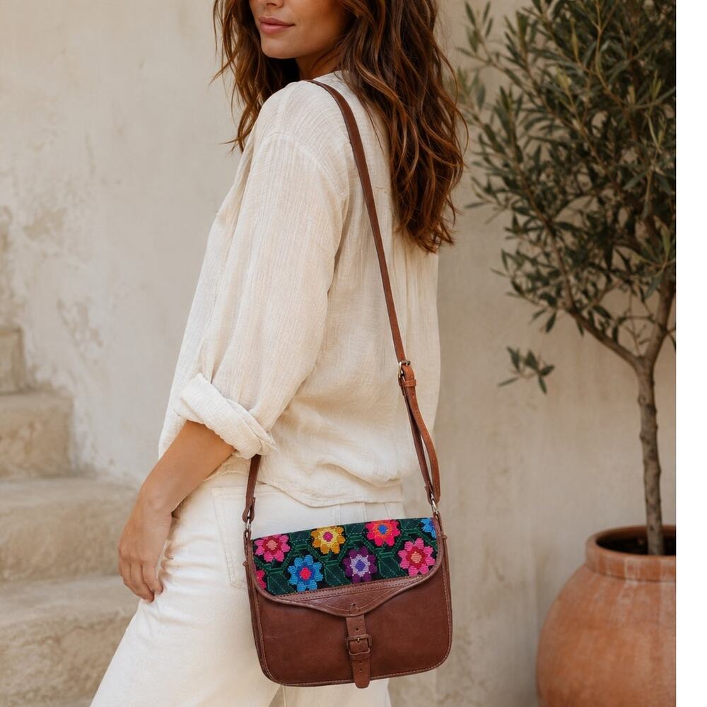 Vintage Boho Floral Embroidered Brown Crossbody Shoulder Bag